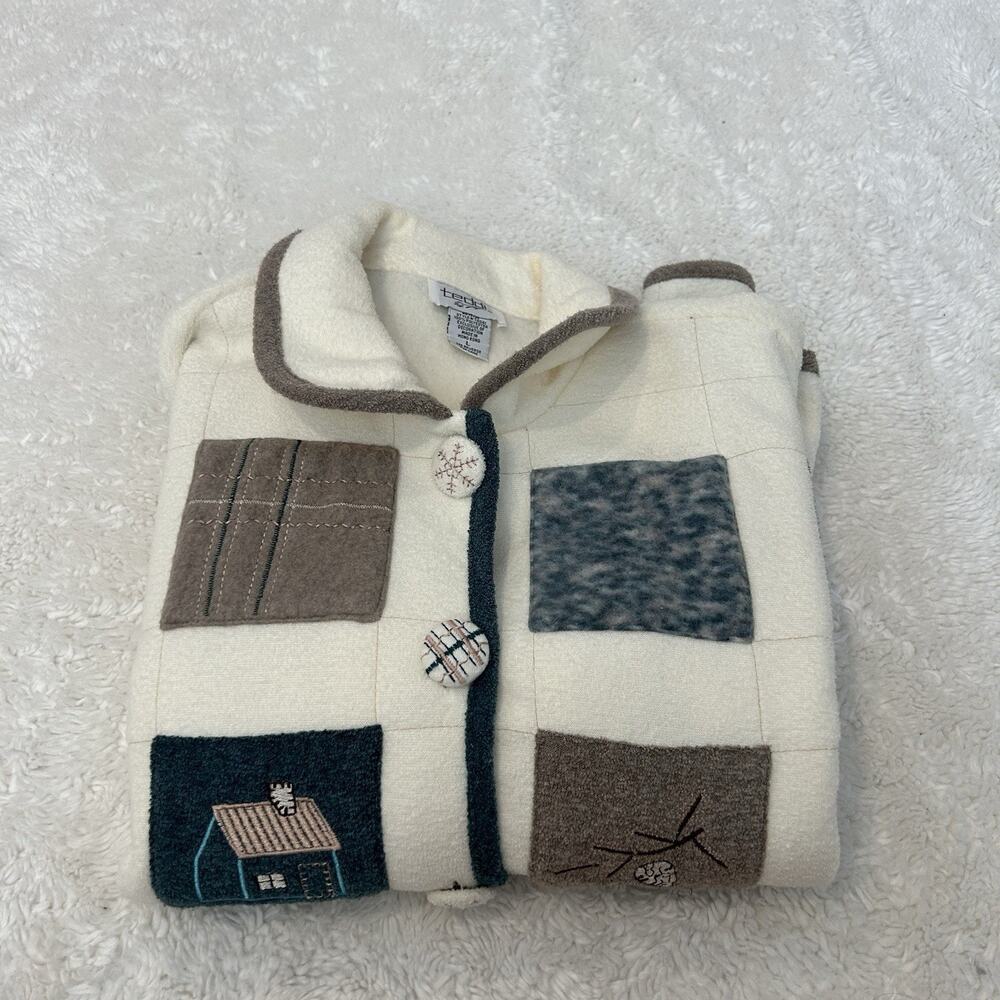 VTG 90s Winter Snowflakes Patchwork Applique Fleece Jacket L Cottage Core Soft